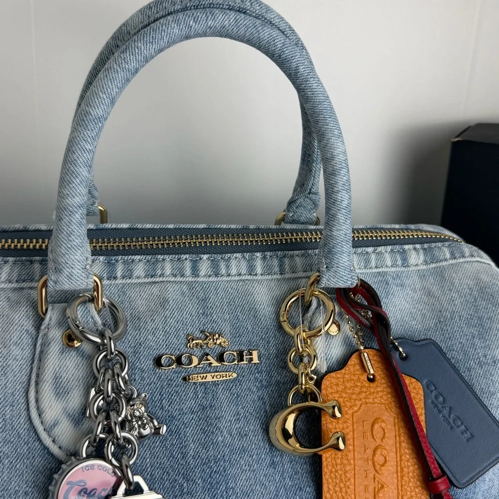 NWT Coach Rowan Large Satchel Bag In Loved Denim With Charms - Picture 8 of 15